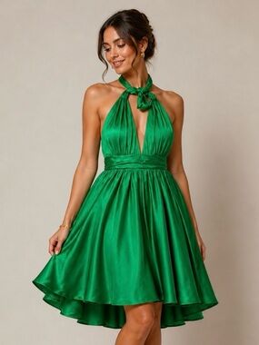 ALICE + OLIVIA 100% Silk Emerald Halter Tie-Neck High-Low Dress Size XS